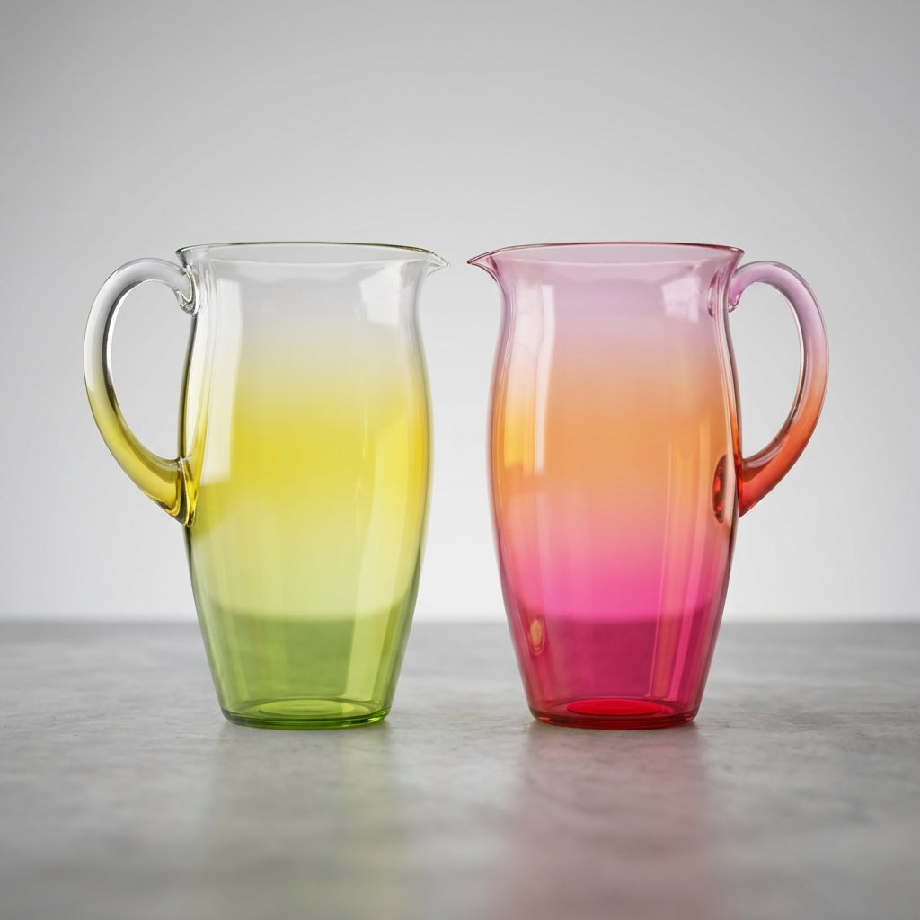 Colorway showcase of translucent gradient ombre pitchers on a studio backdrop