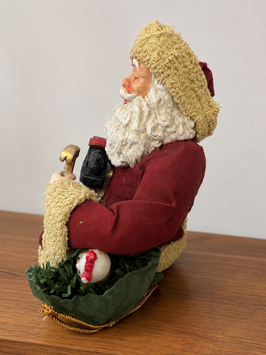 Vintage-Style Sitting Santa Claus Shelf Sitter with Toy Train, Bell & Gift Sack