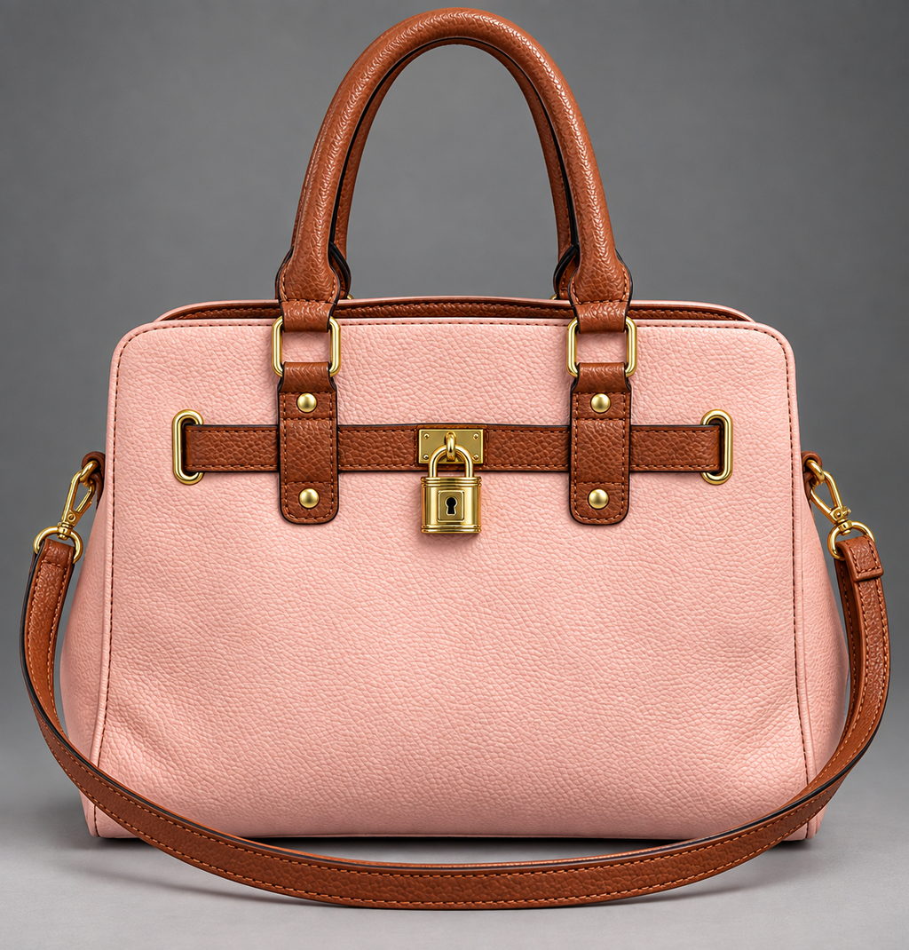Pink & Brown Structured Satchel Handbag with Shoulder Strap