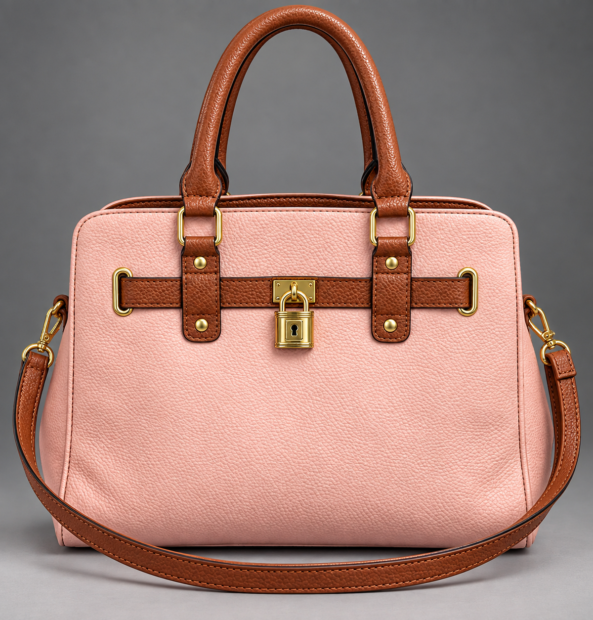 Pink & Brown Structured Satchel Handbag with Shoulder Strap