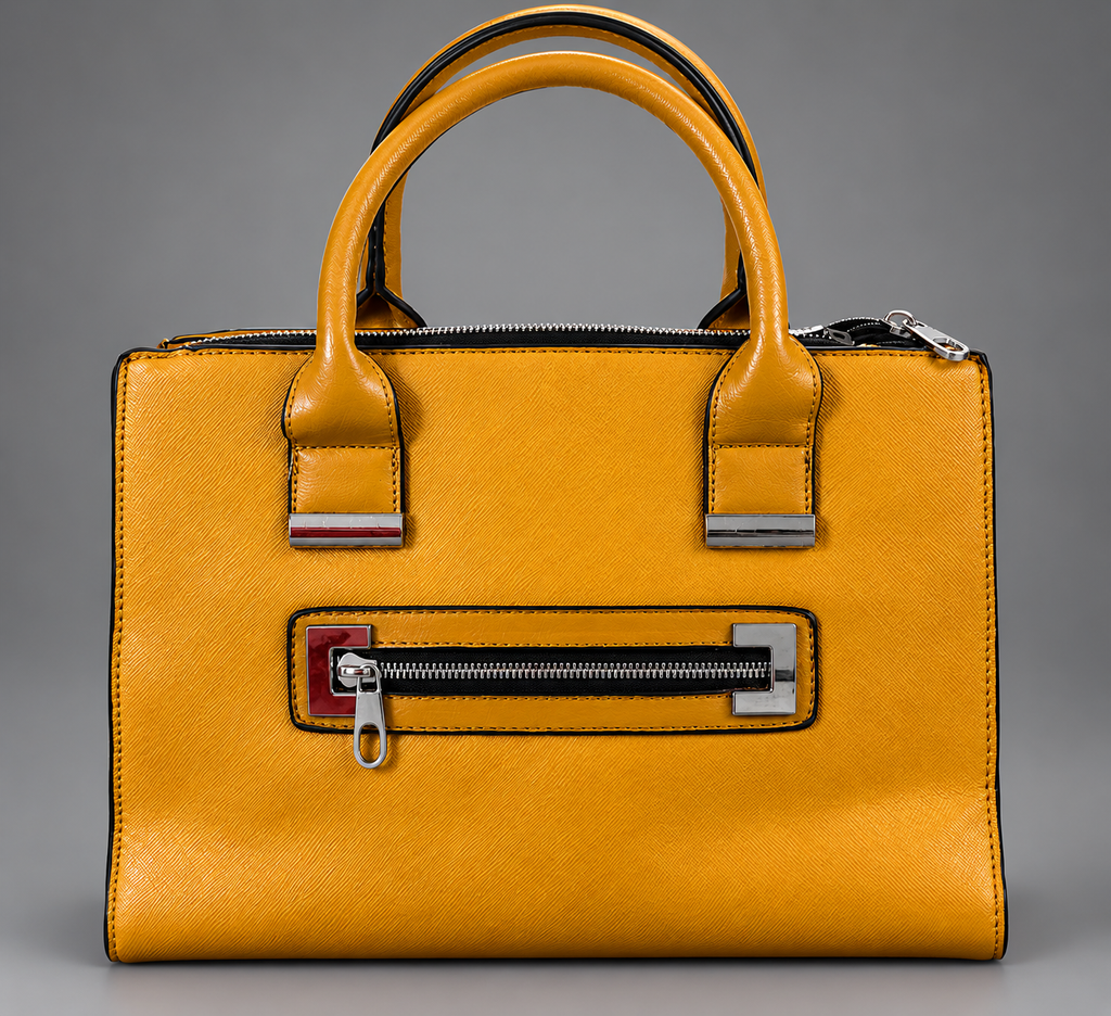 Mustard Yellow Structured Satchel Handbag with Double Handles & Front Zipper