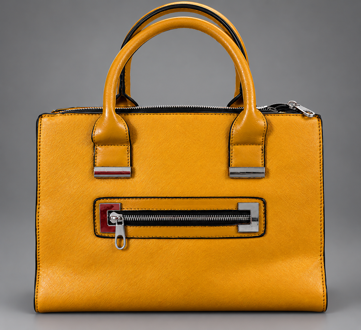 Mustard Yellow Structured Satchel Handbag with Double Handles & Front Zipper