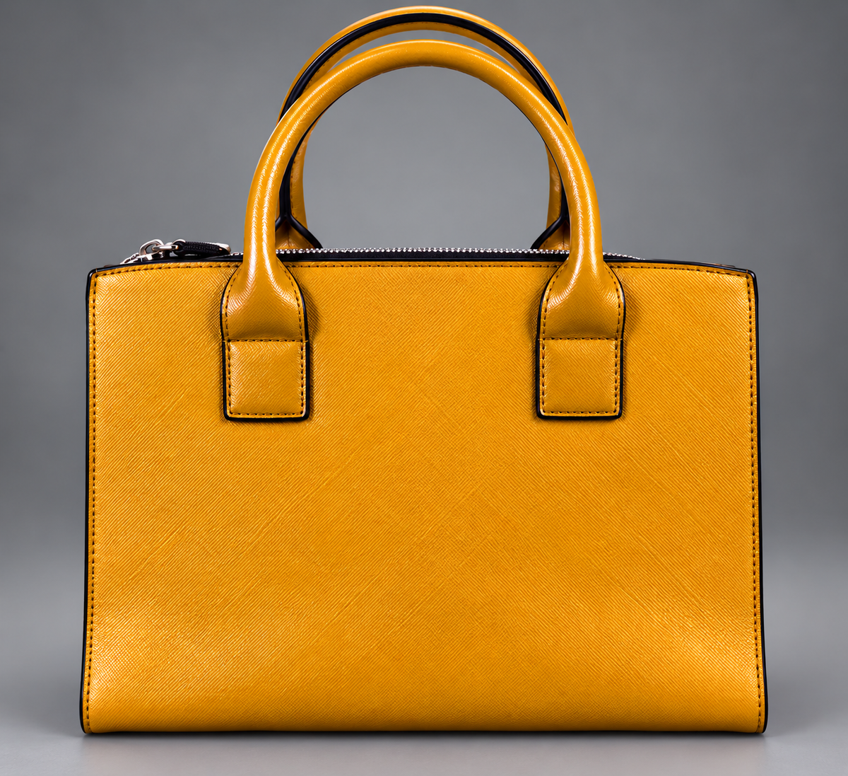Mustard Yellow Structured Satchel Handbag with Double Handles & Front Zipper