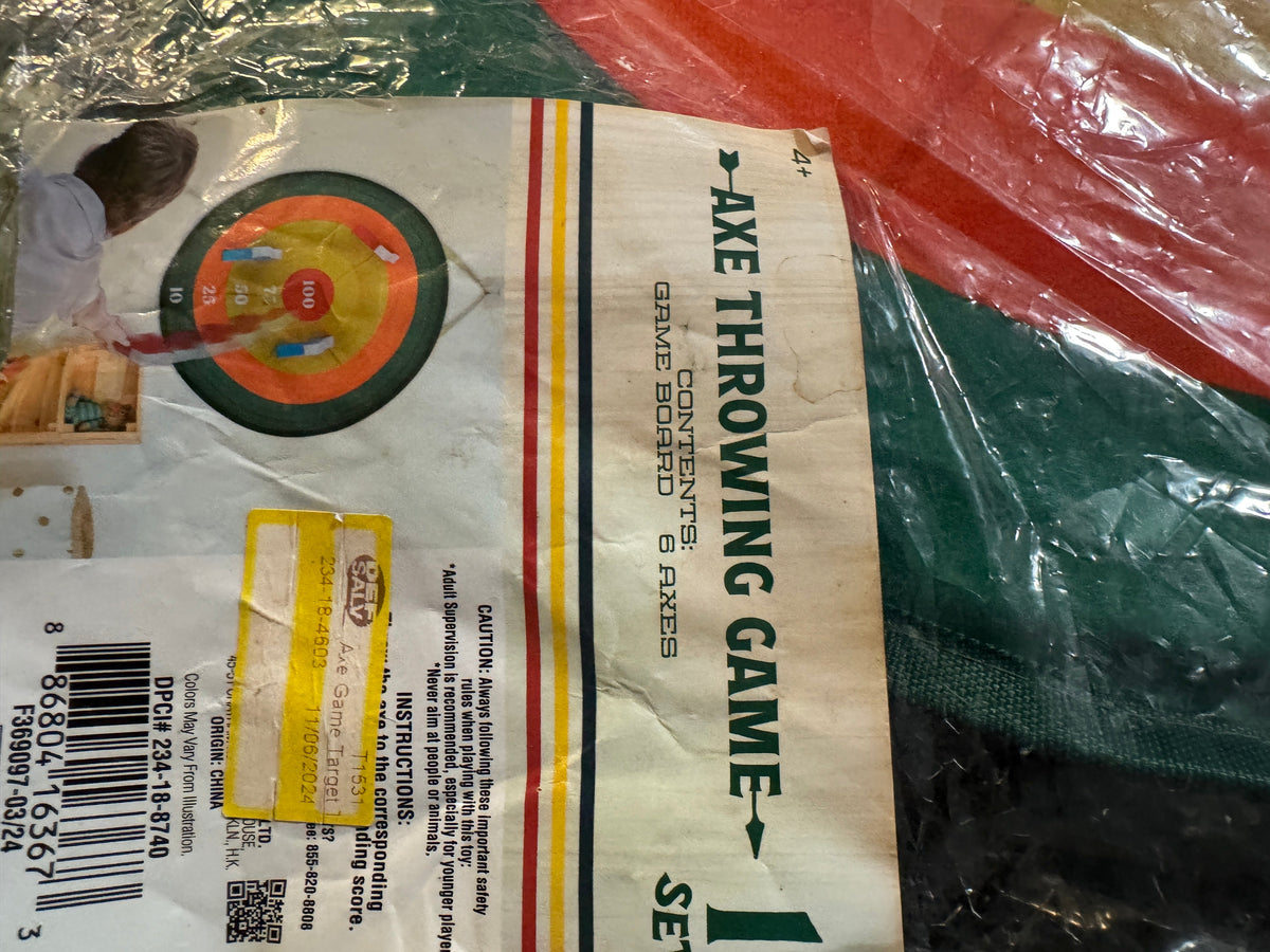 Axe throwing game packaging label with instructions and DPCI details
