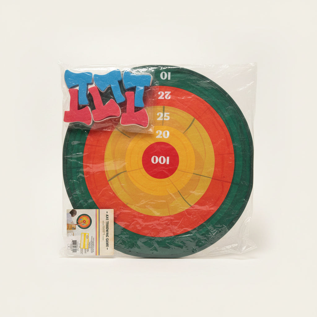 Axe throwing target game set packaged in original wrapping with 6 foam axes