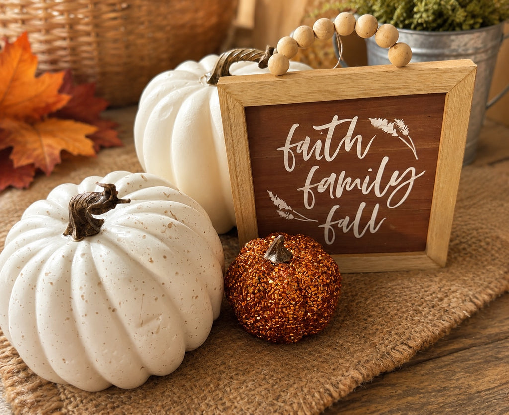The Flip Side autumn tabletop set with a wooden faith family fall sign, white pumpkins, and a beaded copper pumpkin.