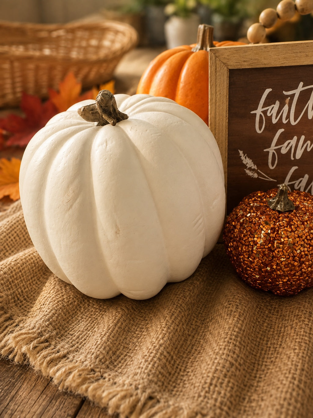 The Flip Side rustic autumn tabletop set with a white pumpkin, copper beaded pumpkin, and faith family fall wood sign.