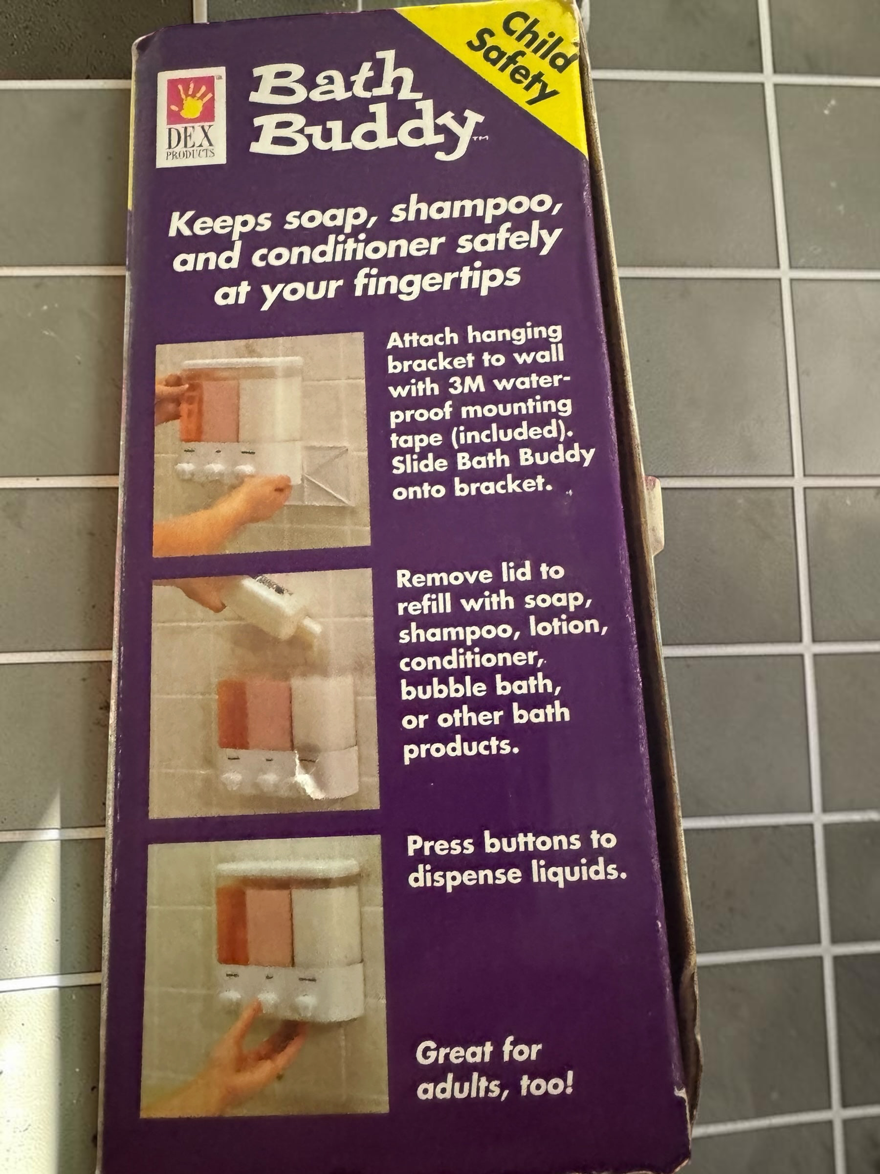 The Flip Side DEX PRODUCTS Bath Buddy triple-chamber wall-mounted soap, shampoo, and conditioner dispenser box.