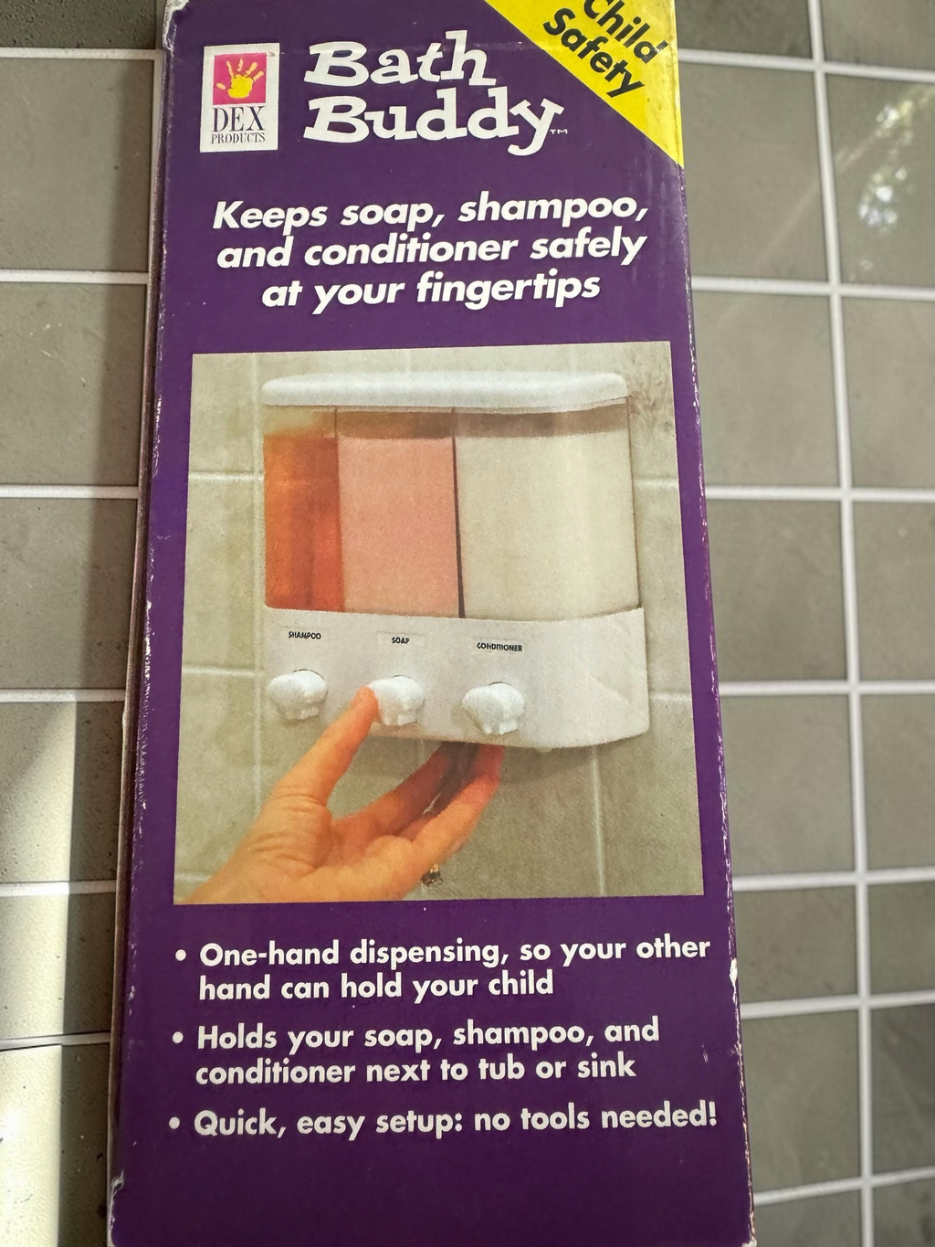 The Flip Side DEX PRODUCTS Bath Buddy triple-chamber wall-mounted soap, shampoo, and conditioner dispenser in white.