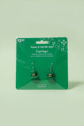The Flip Side St. Patrick's Day dangle earrings featuring green leprechaun hats with shamrock details on display card.