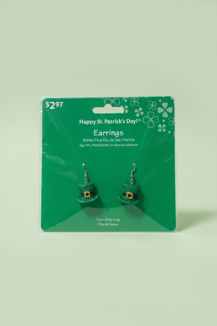 The Flip Side St. Patrick's Day dangle earrings featuring green leprechaun hats with shamrock details on display card.