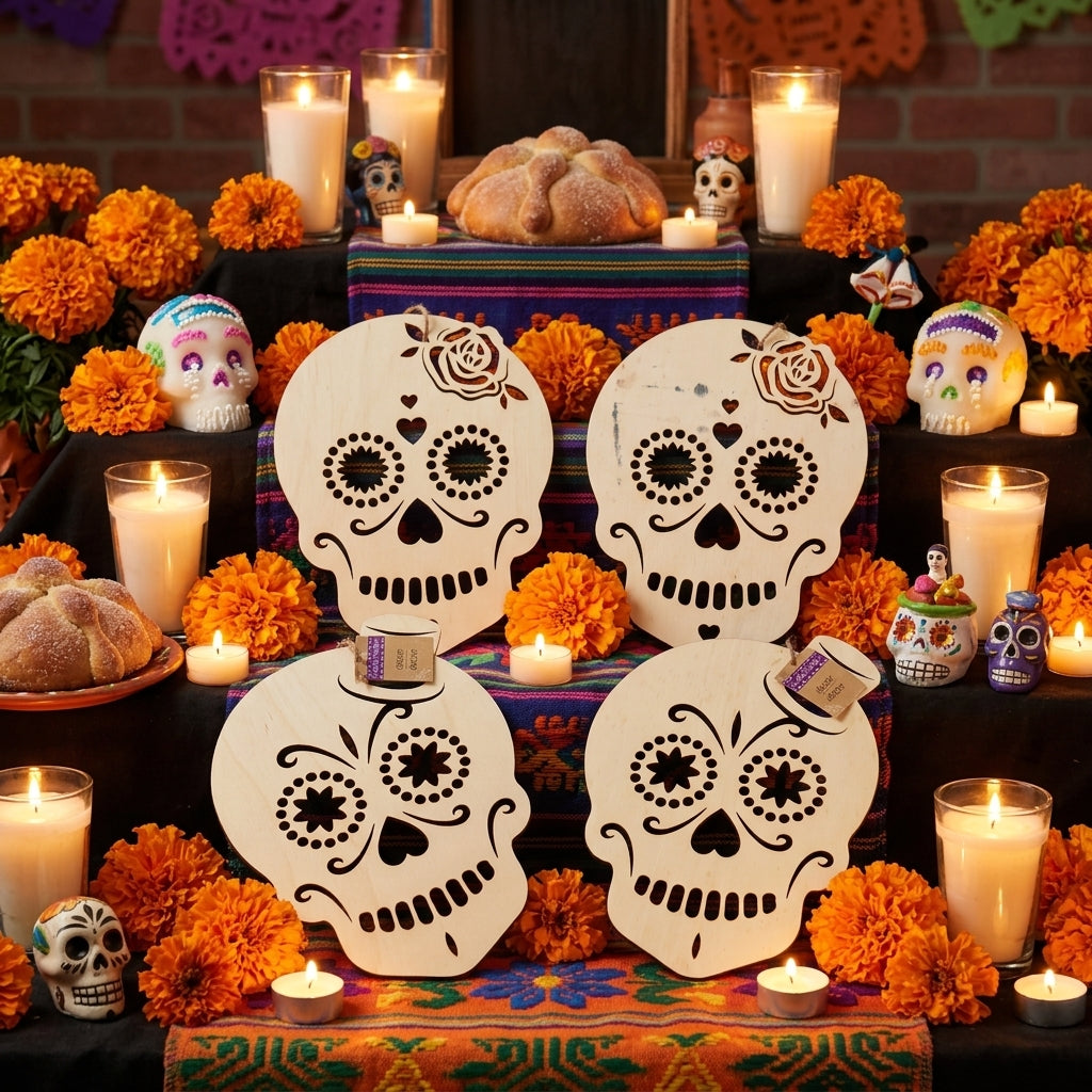 Wooden sugar skull cutouts styled on a Day of the Dead ofrenda with marigolds and candles