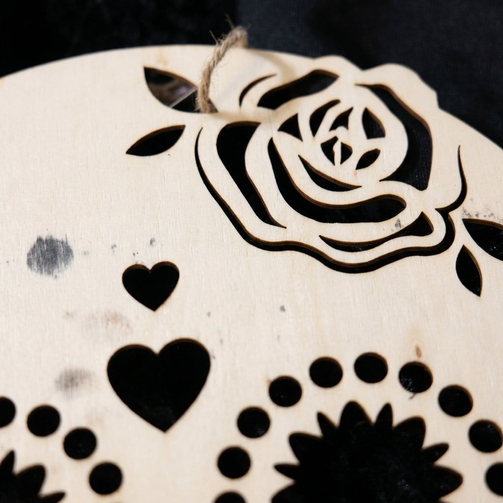 Close-up detail of laser-cut floral pattern and natural wood grain on sugar skull plaque