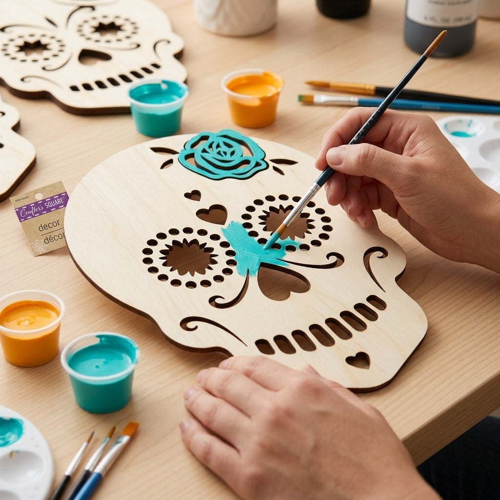 Hand-painting a wooden sugar skull cutout with colorful acrylic paint for DIY craft