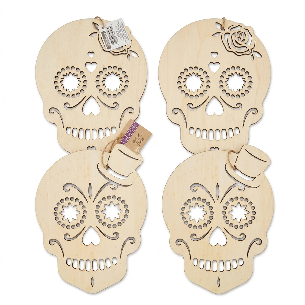 Unfinished laser-cut wooden sugar skull cutouts on pure white studio background