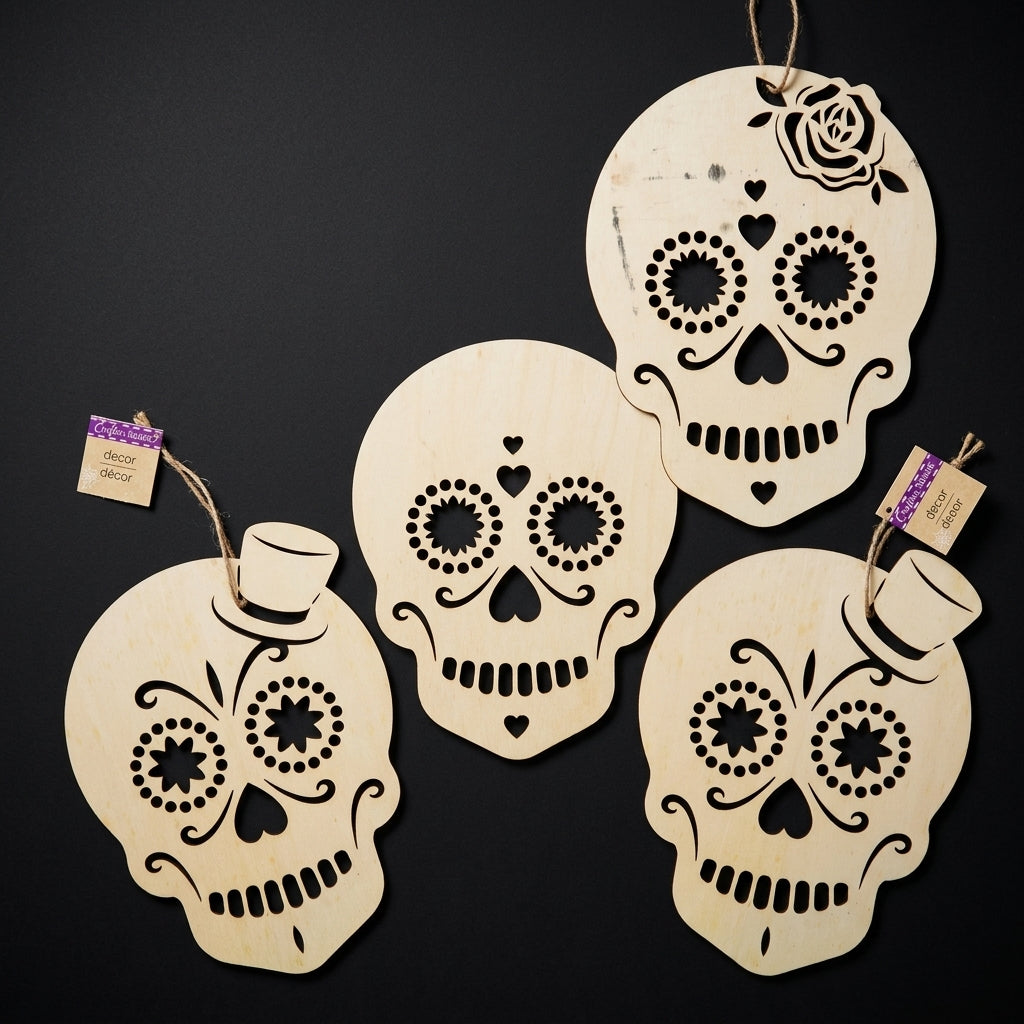 Unfinished laser-cut wooden sugar skull cutouts on solid matte dark black backdrop