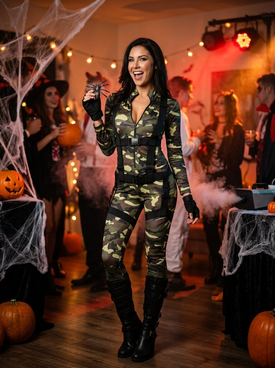 Model wearing Leg Avenue Pretty Paratrooper Costume at Halloween party