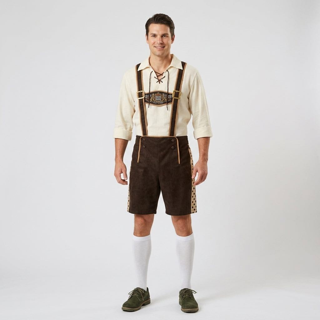 Full-length model view wearing men's Bavarian lederhosen costume