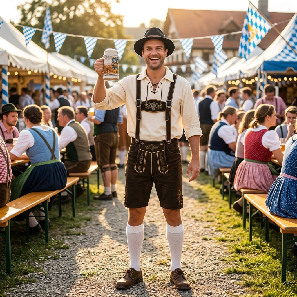 Man wearing Bavarian Oktoberfest costume at outdoor beer festival