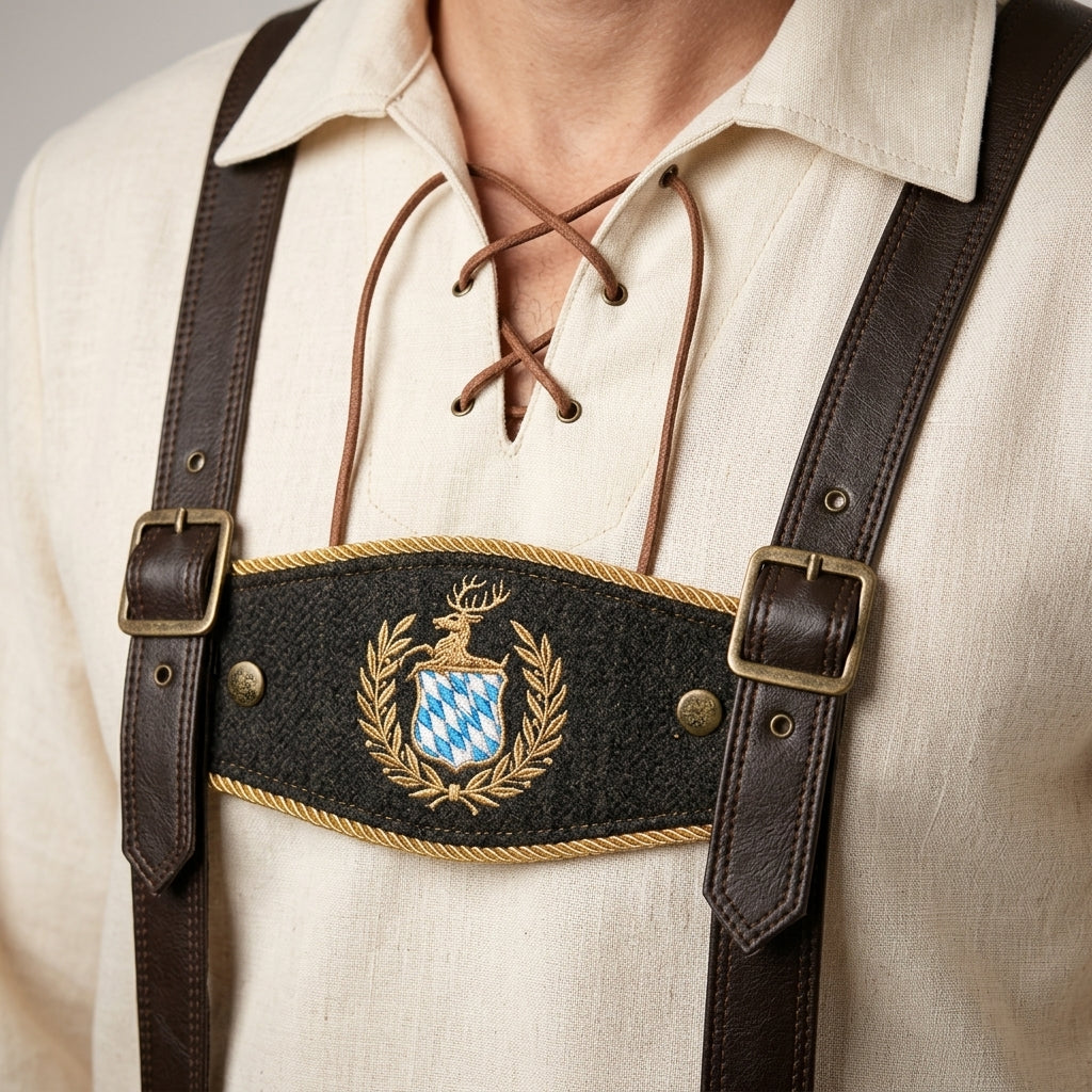 Close-up detail of Bavarian costume suspenders and lace-up collar
