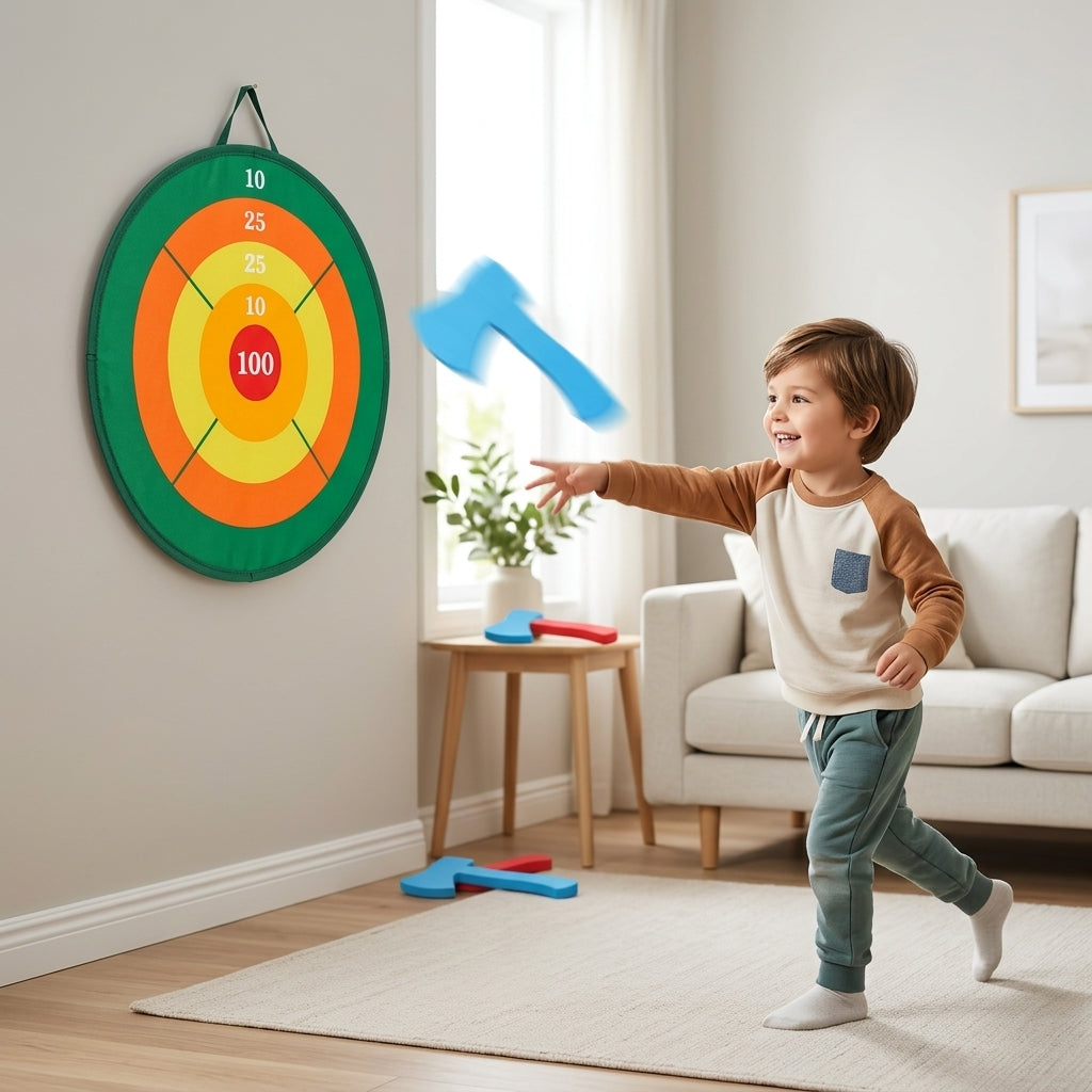 Child tossing blue foam axe at hanging fabric target board indoors