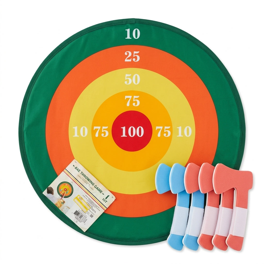 Kids axe throwing game set with target board and 6 foam axes on white background