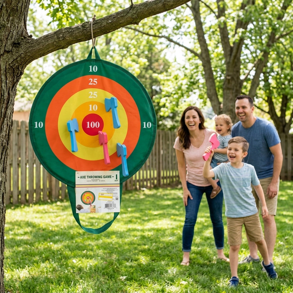 Family playing axe throwing game set in outdoor backyard