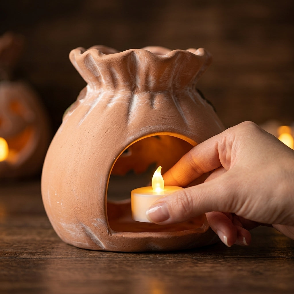 Demonstration inserting LED tealight into rear opening of pumpkin candle holder