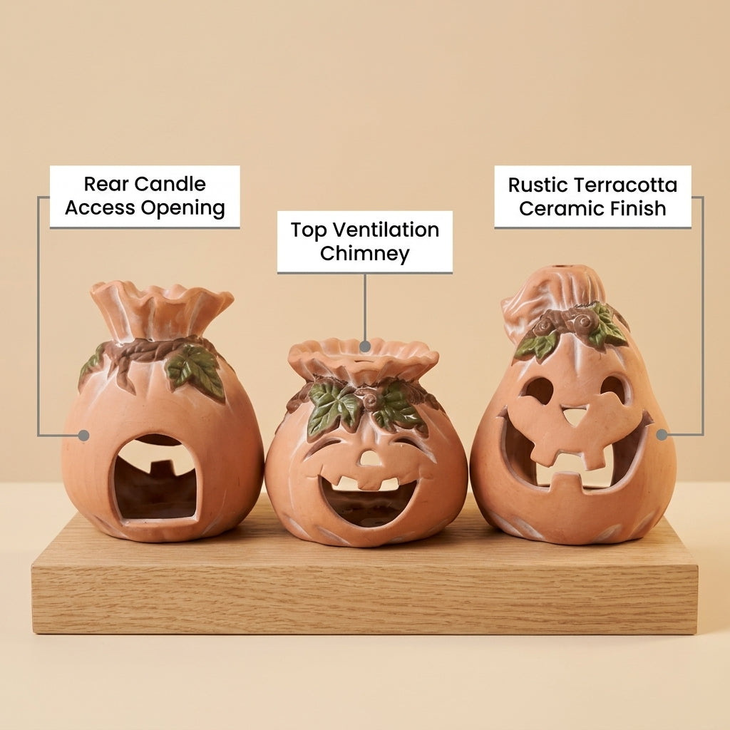Feature callout diagram of terracotta ceramic pumpkin tea light lanterns