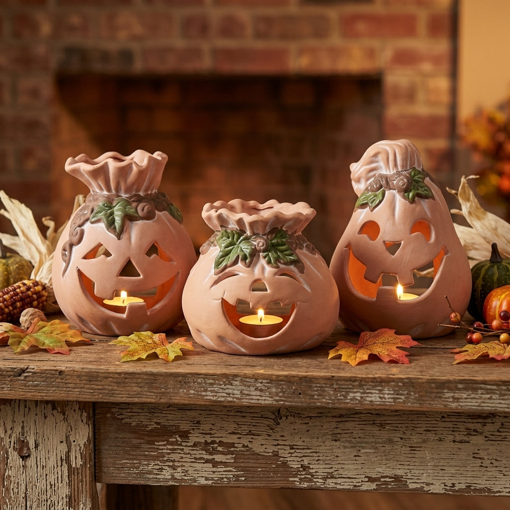 Glowing terracotta pumpkin luminaries on cozy autumn fireplace mantel