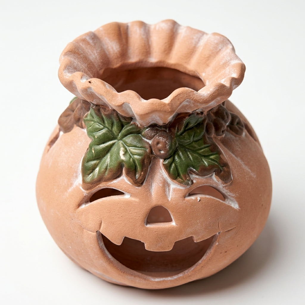 Close-up detail of ruffled rim and embossed leaf trim on terracotta pumpkin luminary