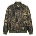 Studio front view of vintage Mossy Oak Break-Up camouflage bomber jacket on white background