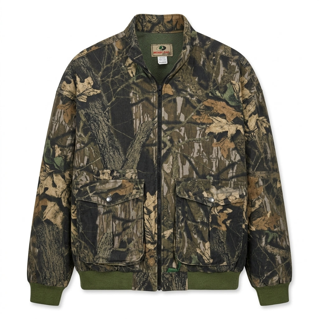 Studio front view of vintage Mossy Oak Break-Up camouflage bomber jacket on white background