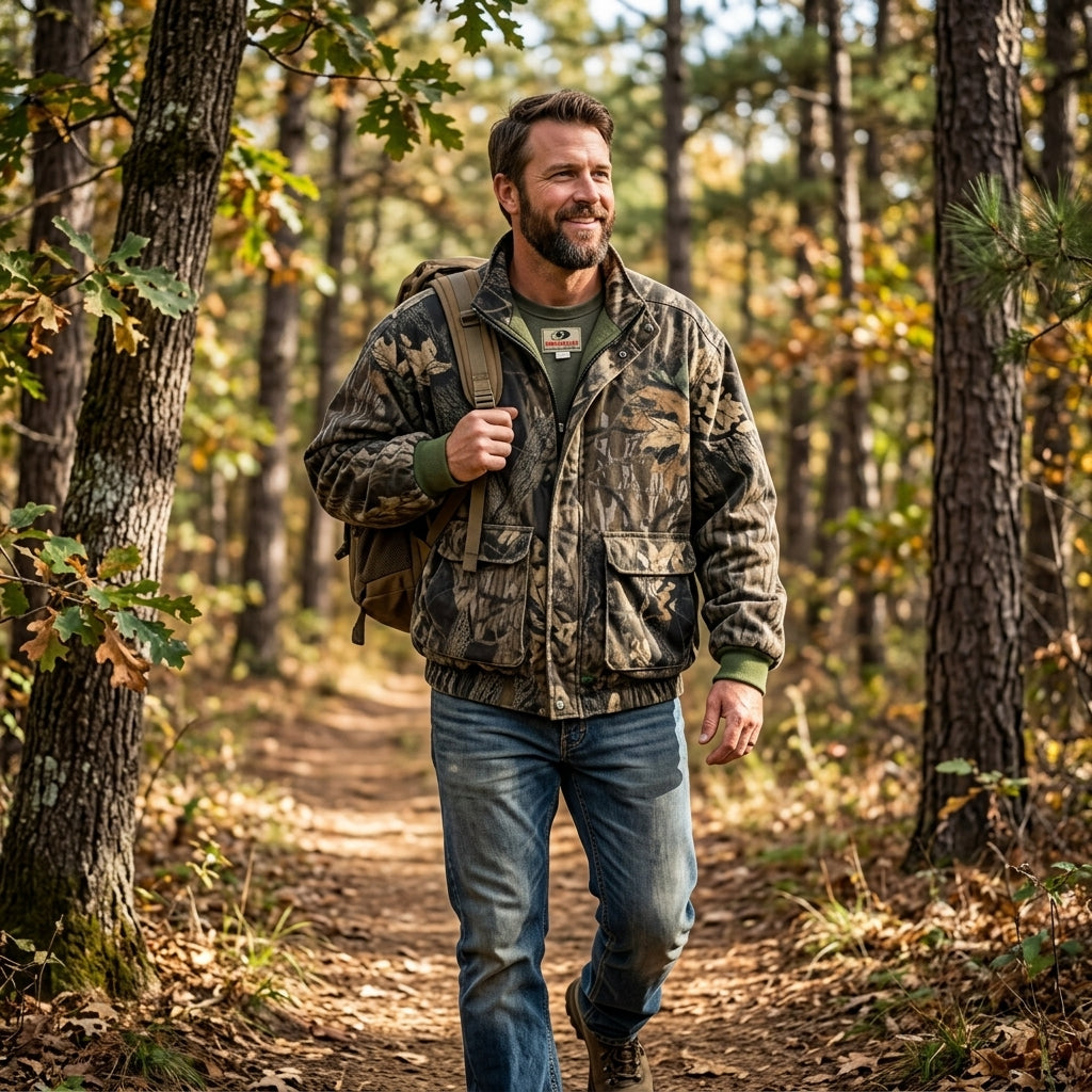 Outdoor lifestyle shot of vintage Mossy Oak camouflage bomber jacket on model