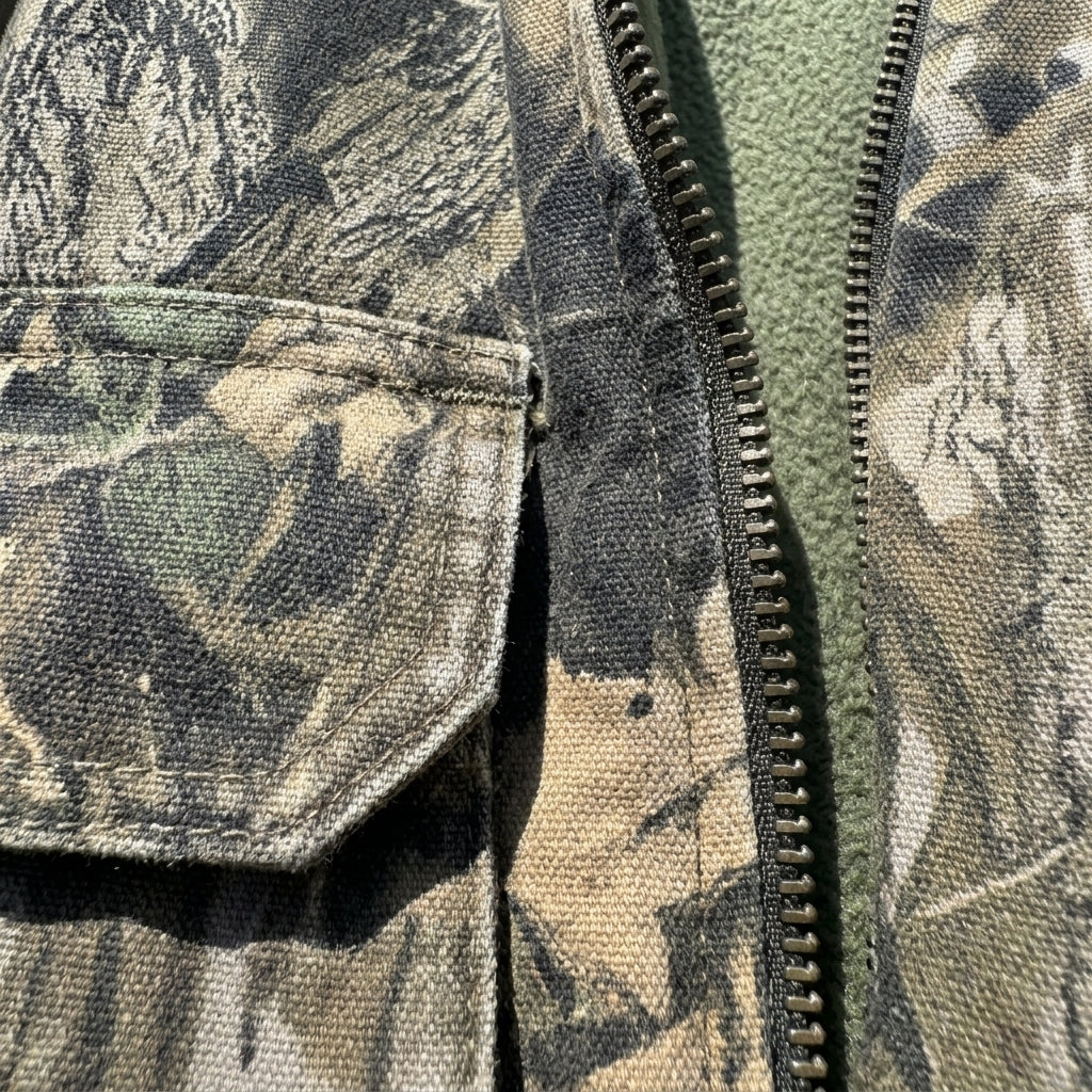 Close-up detail of heavyweight cotton canvas camouflage fabric texture and zipper hardware