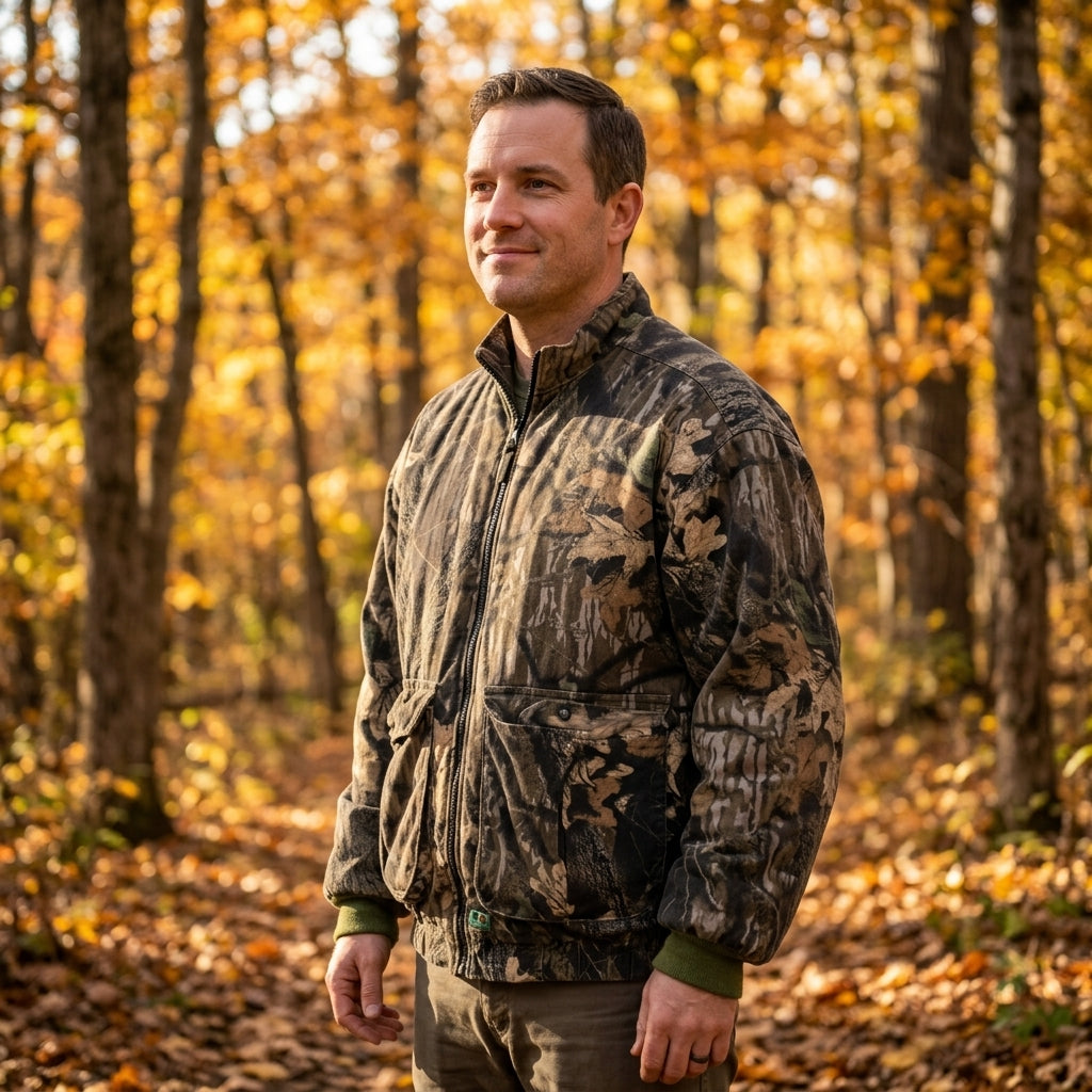 Lifestyle photo of man wearing vintage Mossy Oak camouflage jacket in autumn woodland