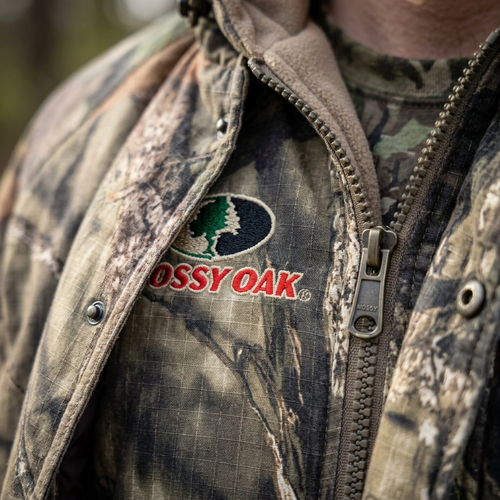 Close-up detail of Mossy Oak embroidered logo and ripstop fabric