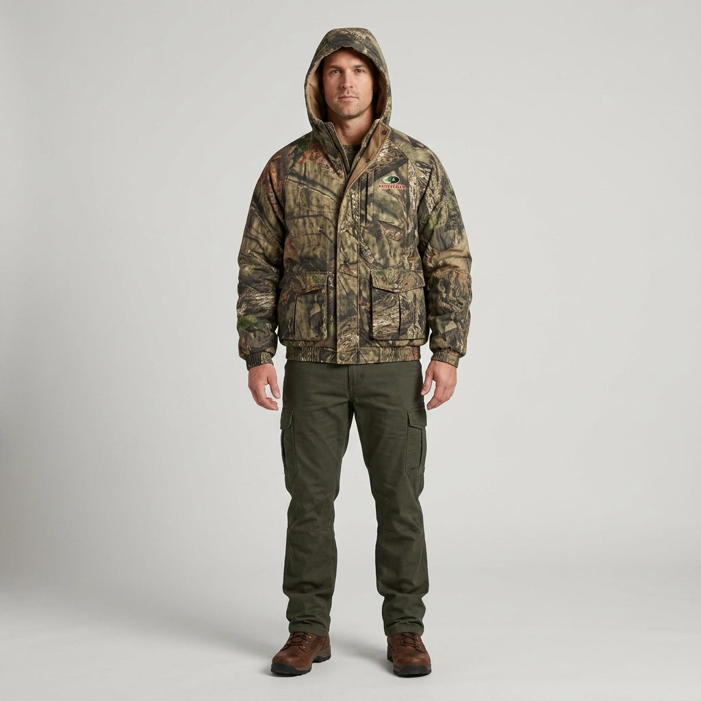 Model wearing Mossy Oak hooded camo hunting jacket full-body fit