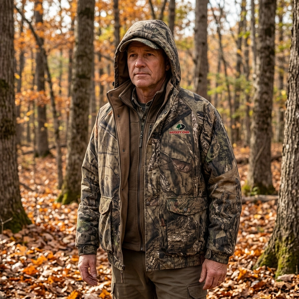 Mossy Oak camo hunting jacket lifestyle in autumn forest