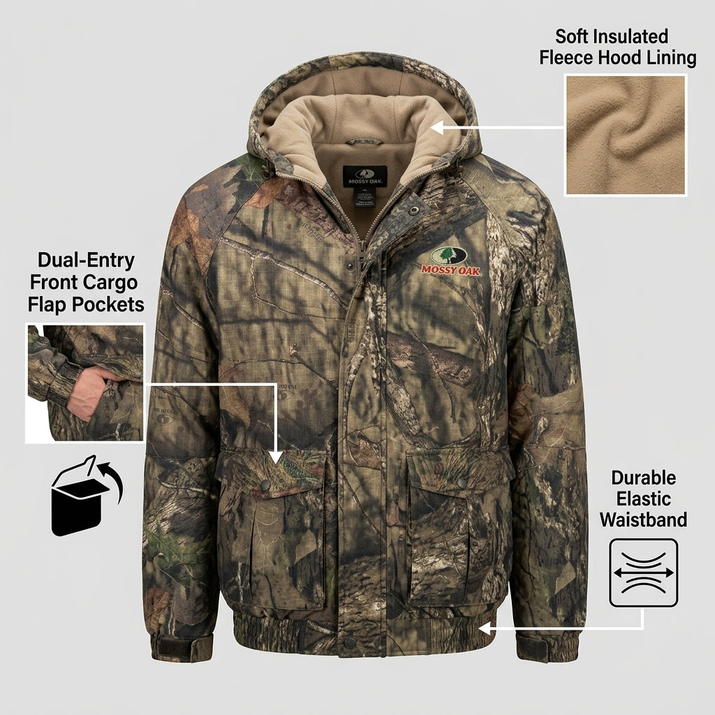 Mossy Oak jacket features callout graphic showing pockets and fleece hood