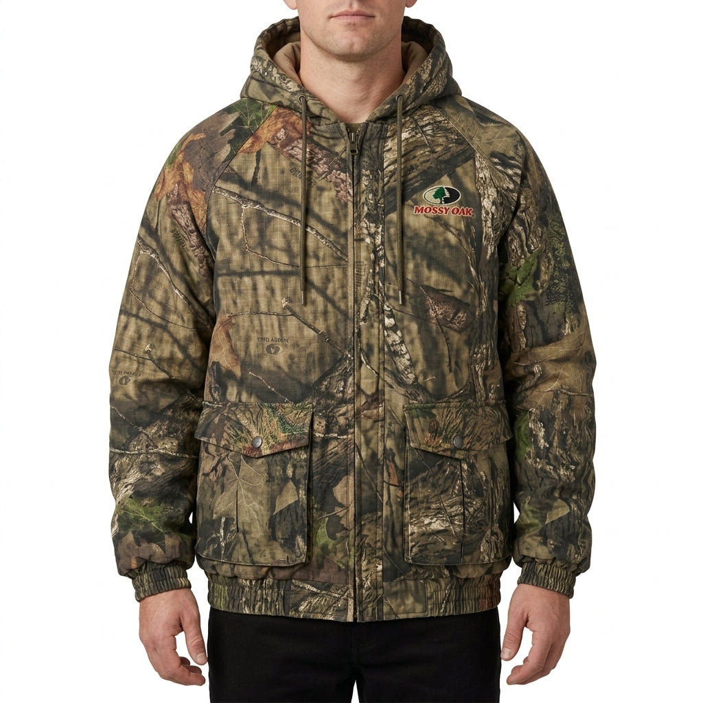 Mossy Oak Men's Camouflage Hooded Hunting Bomber Jacket front studio view