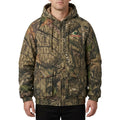 Mossy Oak Men's Camouflage Hooded Hunting Bomber Jacket front studio view