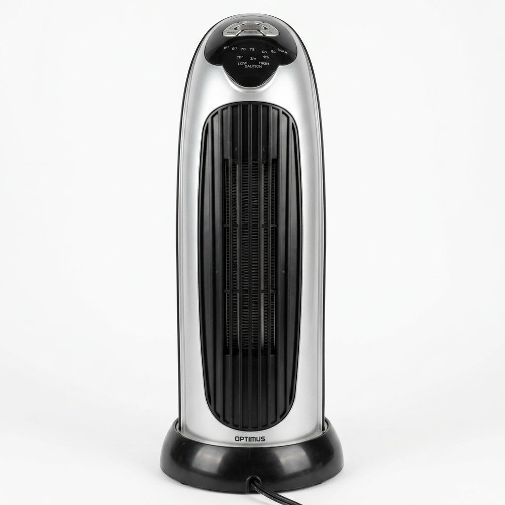 Optimus H-7317 ceramic tower space heater on pure white background