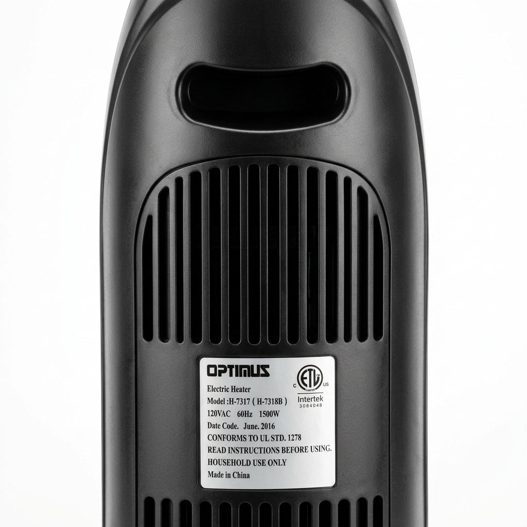 Rear intake vents, handle, and specification label detail