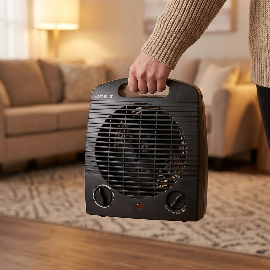 Person carrying Heat-Wave portable heater by integrated top handle