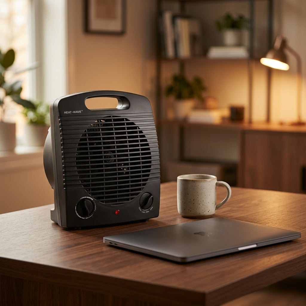 Heat-Wave portable space heater on home office desk next to laptop
