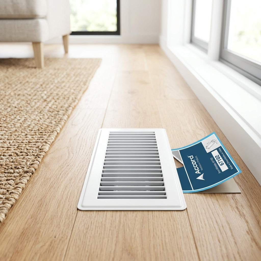Accord White Floor Register Vent Installed in Light Hardwood Living Room Floor