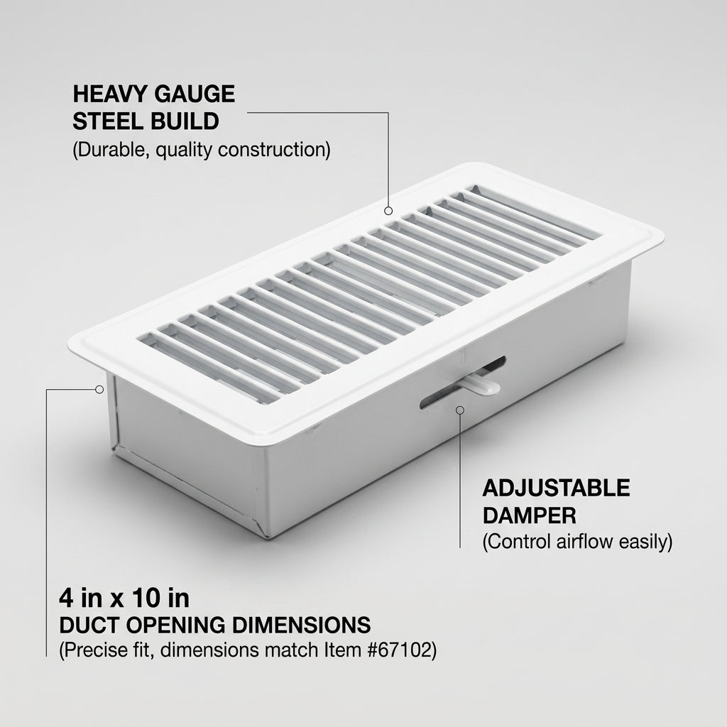 Accord 4x10 Steel Floor Register Dimensions and Feature Callouts Graphic