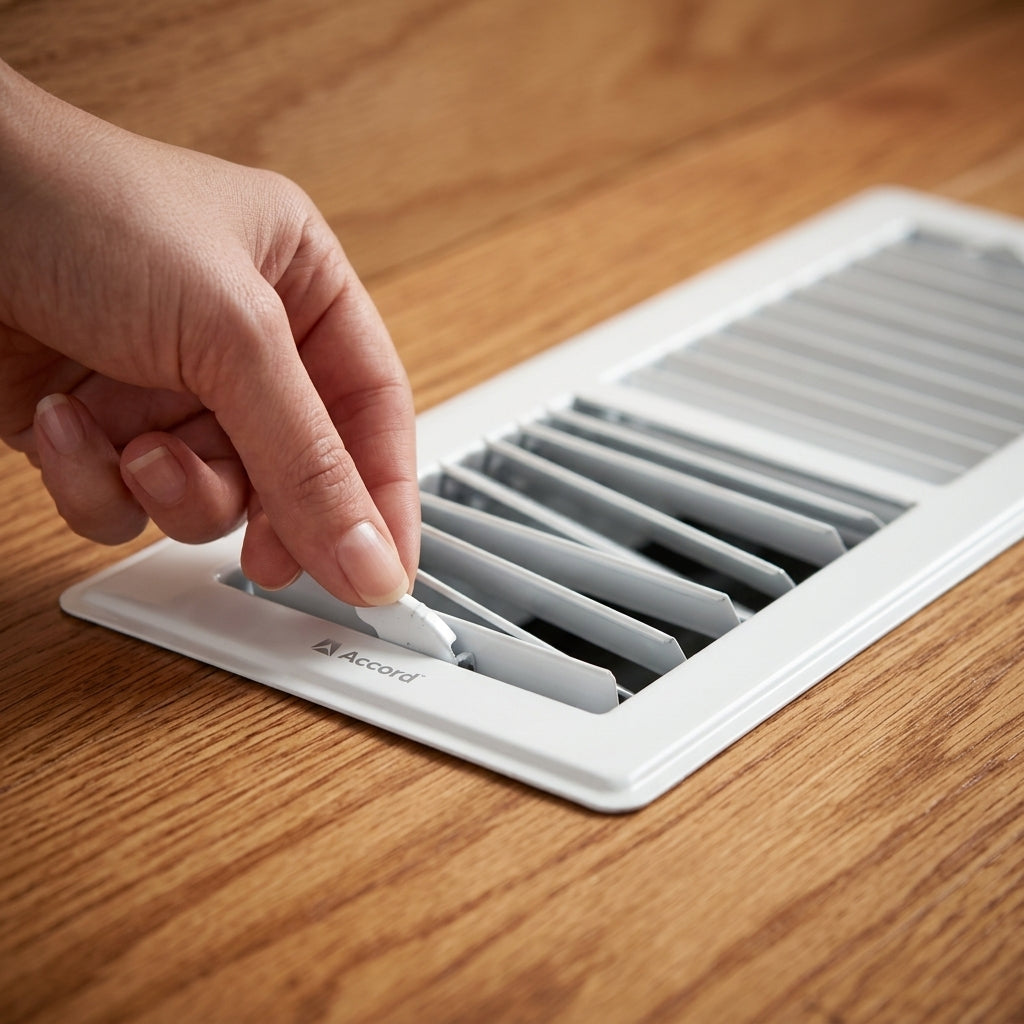Adjusting Damper Airflow Lever on Accord White Steel Floor Register Vent