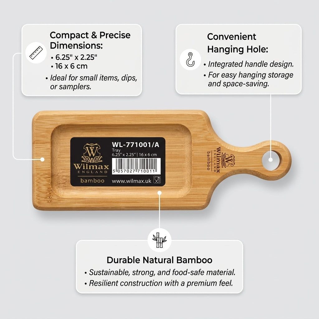 Infographic callout highlighting 16x6 cm bamboo tray dimensions and features